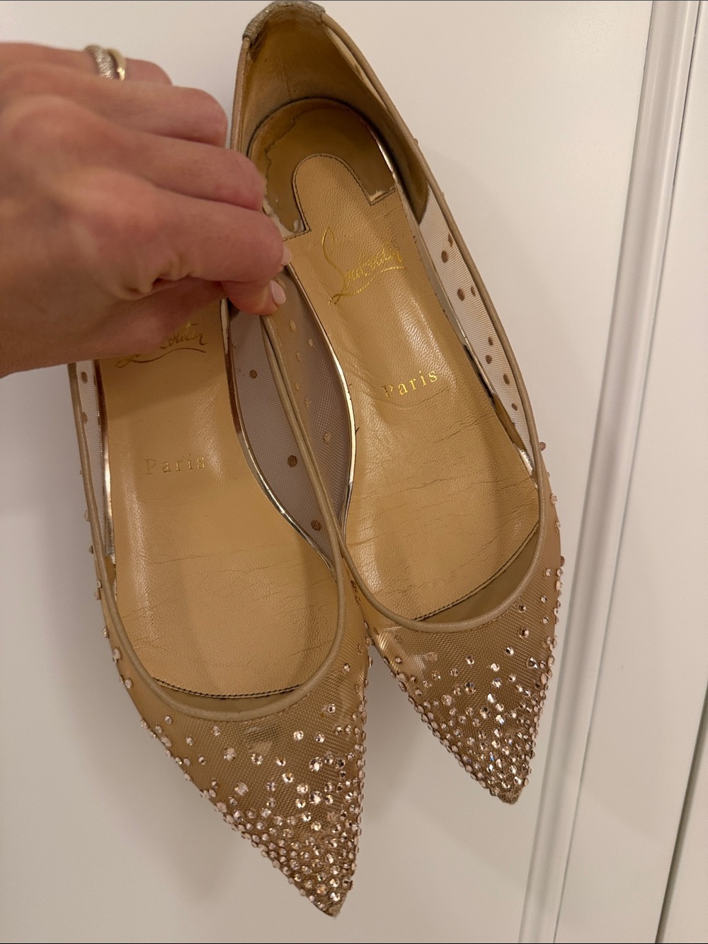 Christian Louboutin Nude Pointed Crystal-Embellished Flats